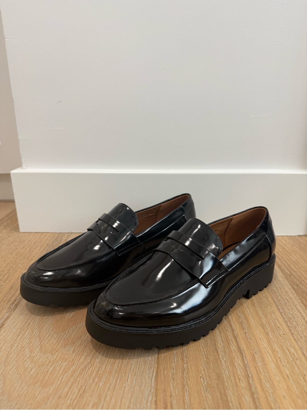 Black Patent Leather Chunky Lug Sole Penny Loafers